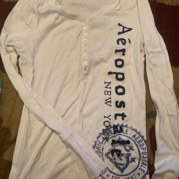 Aeropostale Tops - Aeropostale White Long Sleeve Shirt with Blue Graphics